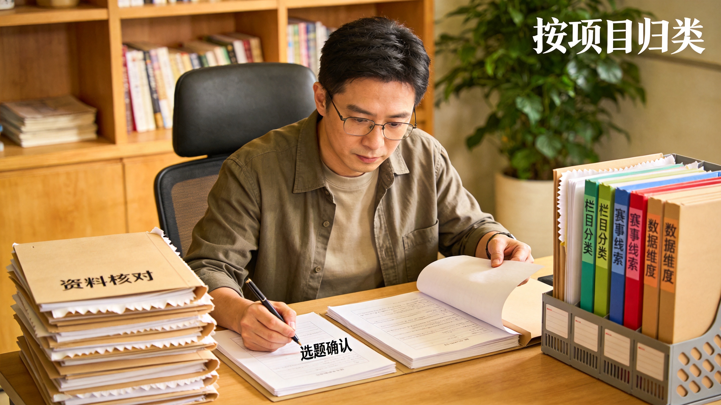 内容编辑整理赛程与赛事资料的工作场景配图